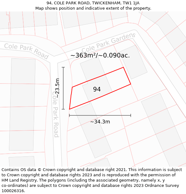 94, COLE PARK ROAD, TWICKENHAM, TW1 1JA: Plot and title map