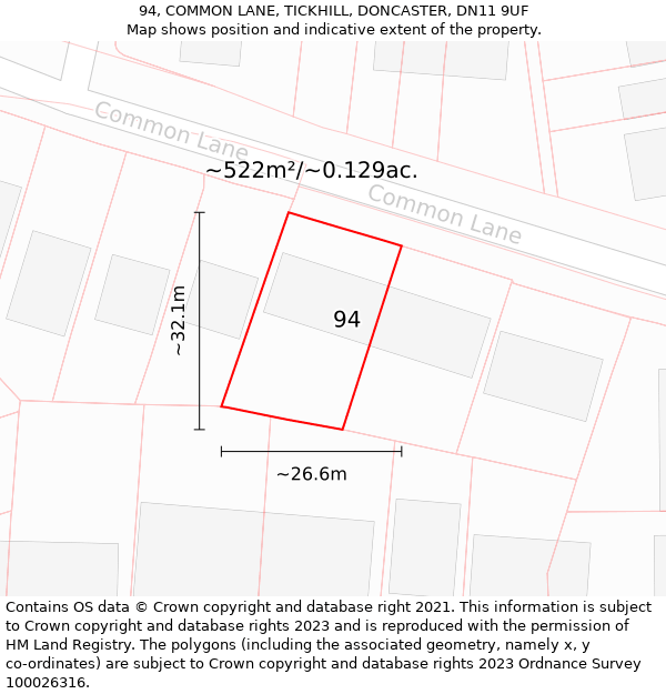 94, COMMON LANE, TICKHILL, DONCASTER, DN11 9UF: Plot and title map