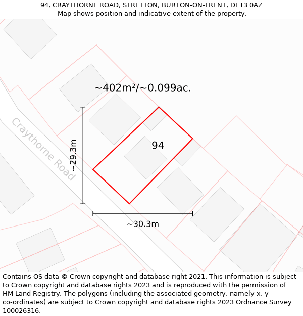 94, CRAYTHORNE ROAD, STRETTON, BURTON-ON-TRENT, DE13 0AZ: Plot and title map