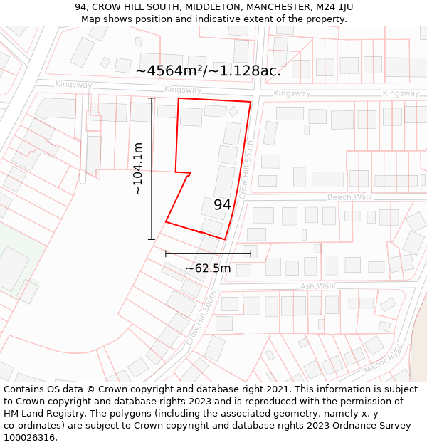 94, CROW HILL SOUTH, MIDDLETON, MANCHESTER, M24 1JU: Plot and title map