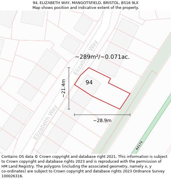 94, ELIZABETH WAY, MANGOTSFIELD, BRISTOL, BS16 9LX: Plot and title map