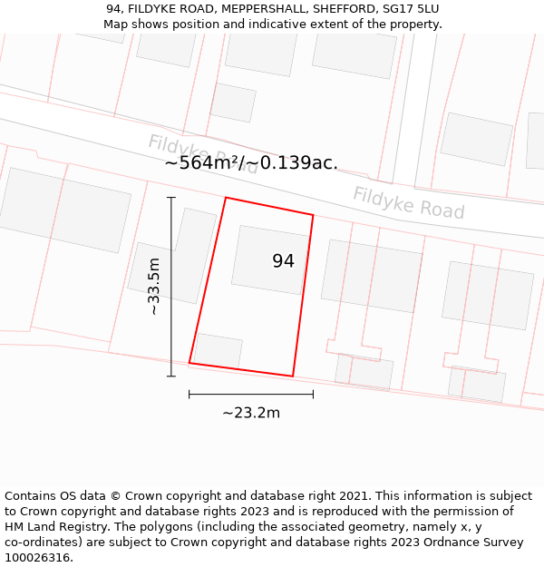 94, FILDYKE ROAD, MEPPERSHALL, SHEFFORD, SG17 5LU: Plot and title map