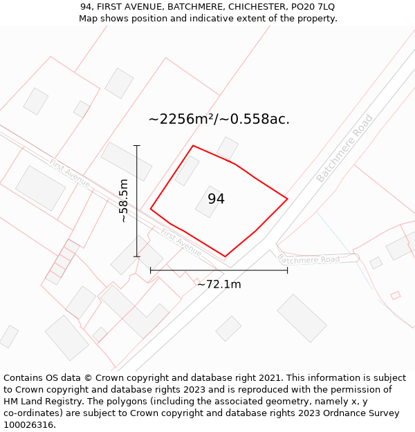 94, FIRST AVENUE, BATCHMERE, CHICHESTER, PO20 7LQ: Plot and title map