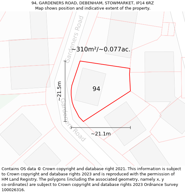 94, GARDENERS ROAD, DEBENHAM, STOWMARKET, IP14 6RZ: Plot and title map