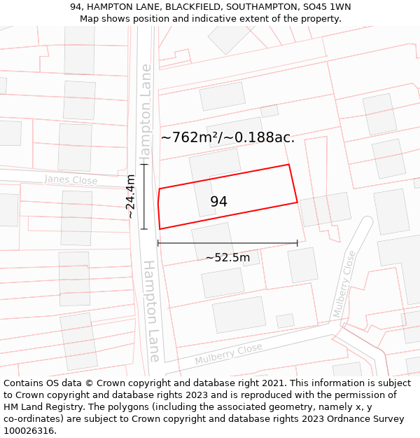 94, HAMPTON LANE, BLACKFIELD, SOUTHAMPTON, SO45 1WN: Plot and title map