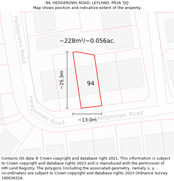 94, HEDGEROWS ROAD, LEYLAND, PR26 7JQ: Plot and title map