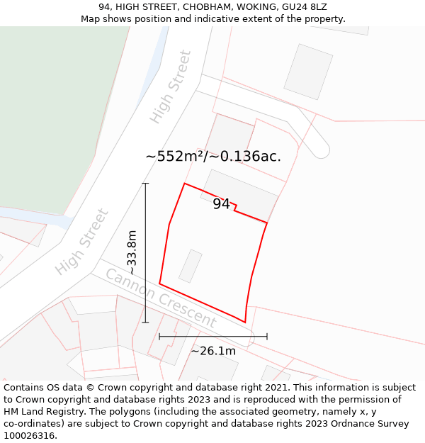 94, HIGH STREET, CHOBHAM, WOKING, GU24 8LZ: Plot and title map