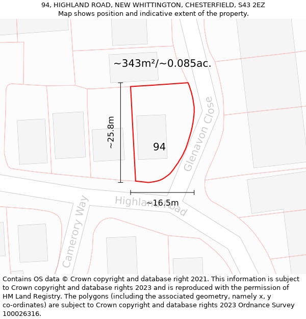 94, HIGHLAND ROAD, NEW WHITTINGTON, CHESTERFIELD, S43 2EZ: Plot and title map