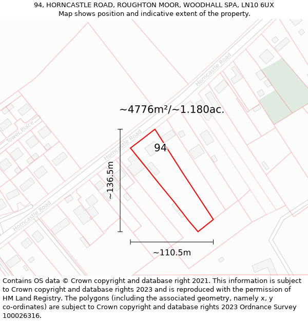 94, HORNCASTLE ROAD, ROUGHTON MOOR, WOODHALL SPA, LN10 6UX: Plot and title map