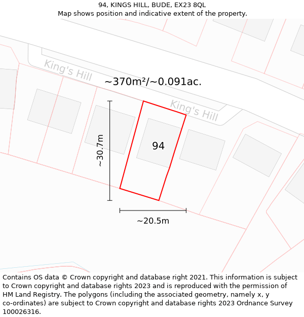 94, KINGS HILL, BUDE, EX23 8QL: Plot and title map