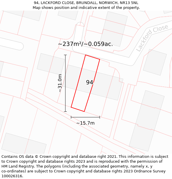 94, LACKFORD CLOSE, BRUNDALL, NORWICH, NR13 5NL: Plot and title map