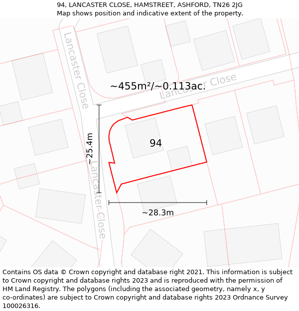 94, LANCASTER CLOSE, HAMSTREET, ASHFORD, TN26 2JG: Plot and title map