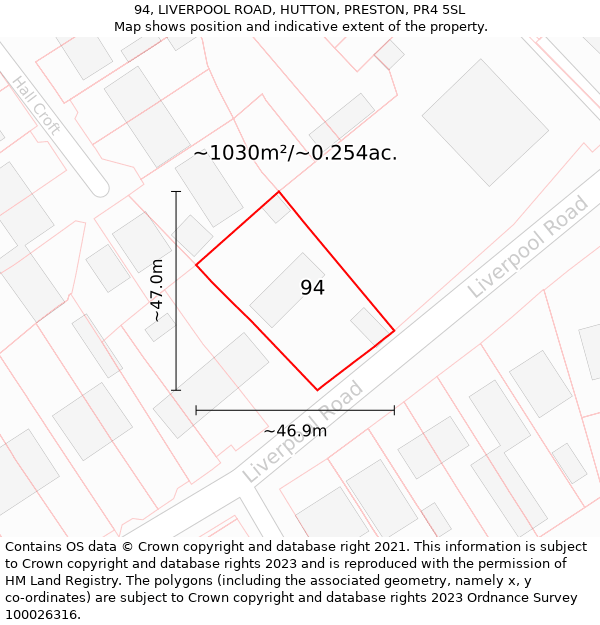 94, LIVERPOOL ROAD, HUTTON, PRESTON, PR4 5SL: Plot and title map