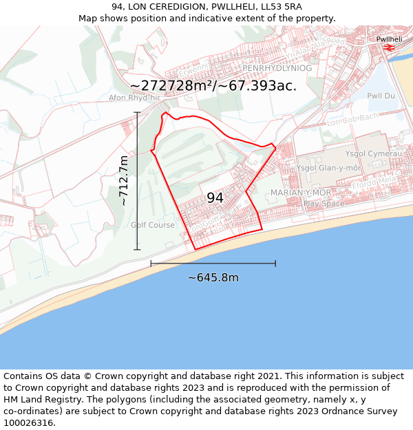 94, LON CEREDIGION, PWLLHELI, LL53 5RA: Plot and title map