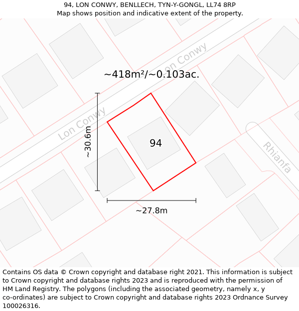94, LON CONWY, BENLLECH, TYN-Y-GONGL, LL74 8RP: Plot and title map