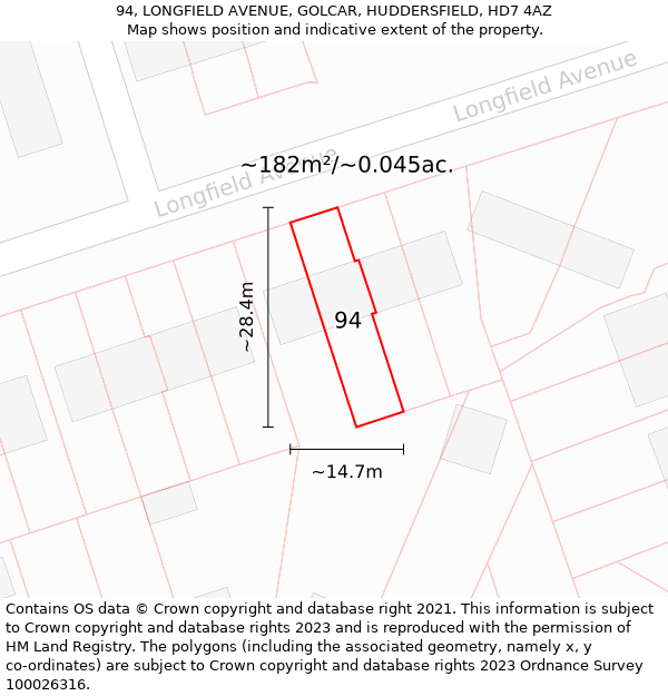 94, LONGFIELD AVENUE, GOLCAR, HUDDERSFIELD, HD7 4AZ: Plot and title map