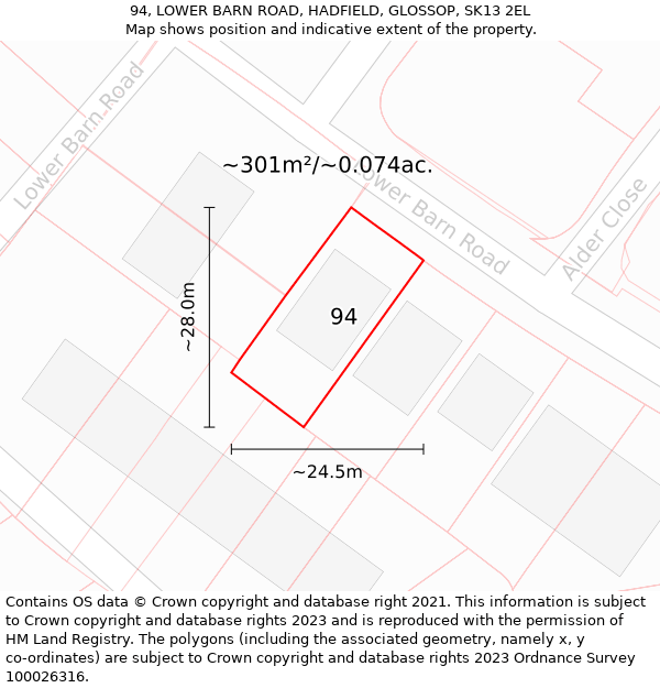 94, LOWER BARN ROAD, HADFIELD, GLOSSOP, SK13 2EL: Plot and title map