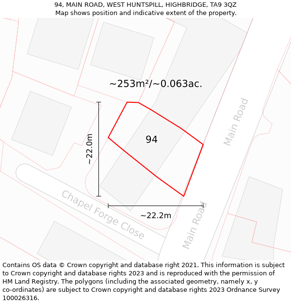 94, MAIN ROAD, WEST HUNTSPILL, HIGHBRIDGE, TA9 3QZ: Plot and title map