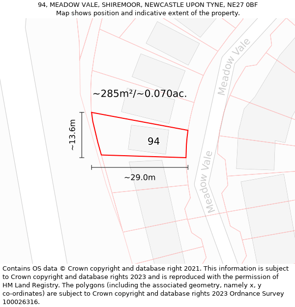 94, MEADOW VALE, SHIREMOOR, NEWCASTLE UPON TYNE, NE27 0BF: Plot and title map