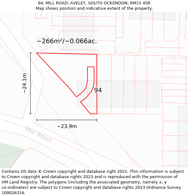 94, MILL ROAD, AVELEY, SOUTH OCKENDON, RM15 4SR: Plot and title map