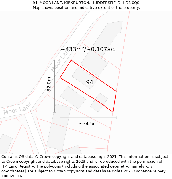 94, MOOR LANE, KIRKBURTON, HUDDERSFIELD, HD8 0QS: Plot and title map