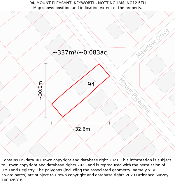 94, MOUNT PLEASANT, KEYWORTH, NOTTINGHAM, NG12 5EH: Plot and title map