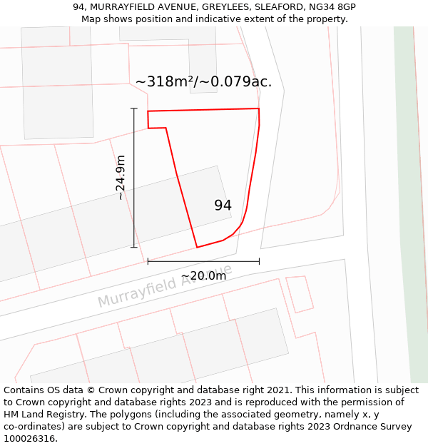 94, MURRAYFIELD AVENUE, GREYLEES, SLEAFORD, NG34 8GP: Plot and title map