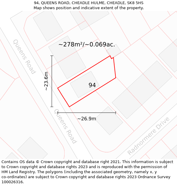 94, QUEENS ROAD, CHEADLE HULME, CHEADLE, SK8 5HS: Plot and title map