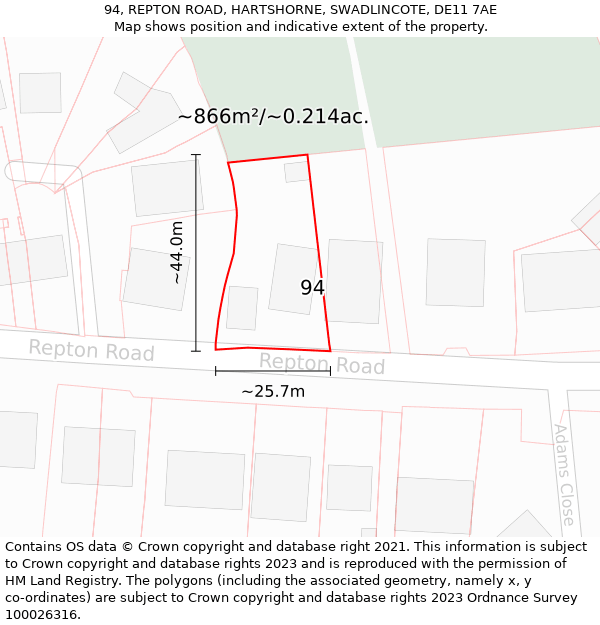 94, REPTON ROAD, HARTSHORNE, SWADLINCOTE, DE11 7AE: Plot and title map