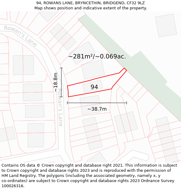 94, ROWANS LANE, BRYNCETHIN, BRIDGEND, CF32 9LZ: Plot and title map