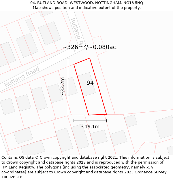 94, RUTLAND ROAD, WESTWOOD, NOTTINGHAM, NG16 5NQ: Plot and title map