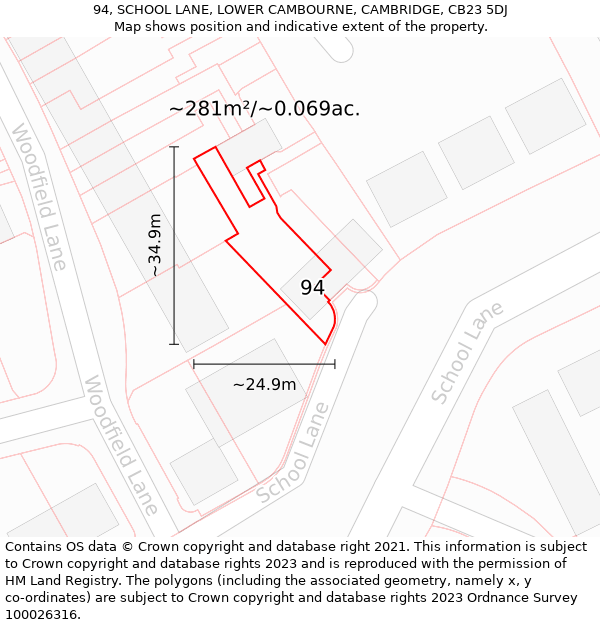 94, SCHOOL LANE, LOWER CAMBOURNE, CAMBRIDGE, CB23 5DJ: Plot and title map