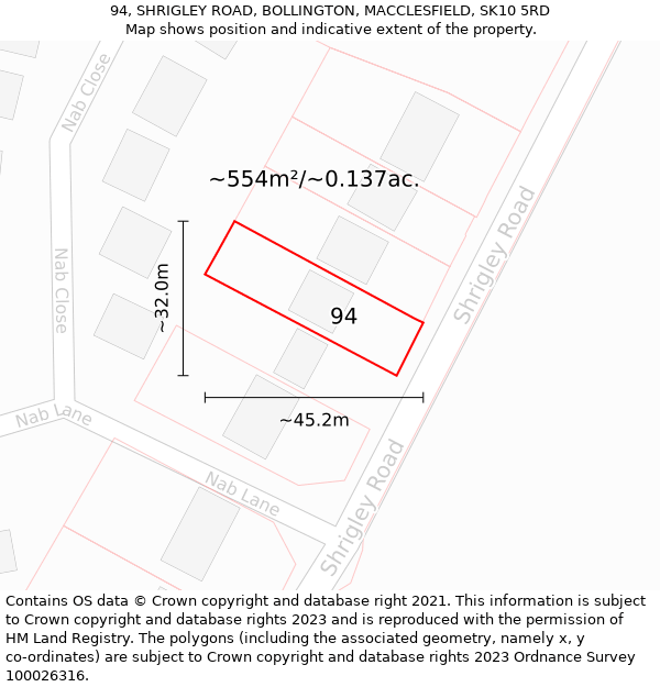 94, SHRIGLEY ROAD, BOLLINGTON, MACCLESFIELD, SK10 5RD: Plot and title map