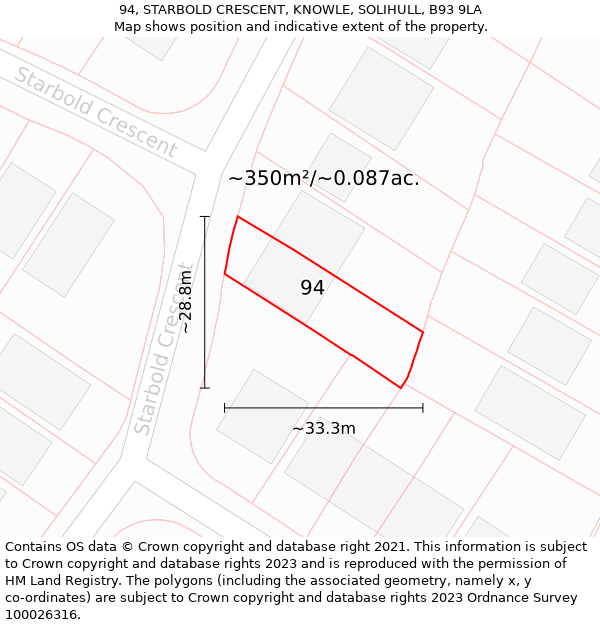 94, STARBOLD CRESCENT, KNOWLE, SOLIHULL, B93 9LA: Plot and title map