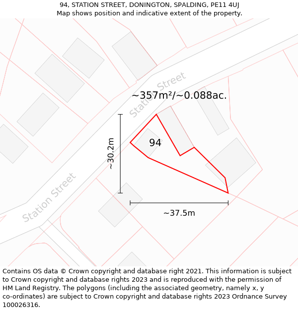 94, STATION STREET, DONINGTON, SPALDING, PE11 4UJ: Plot and title map