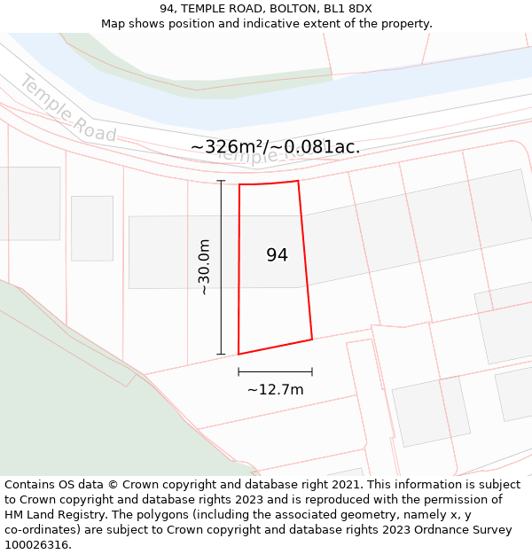 94, TEMPLE ROAD, BOLTON, BL1 8DX: Plot and title map