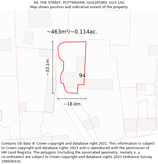 94, THE STREET, PUTTENHAM, GUILDFORD, GU3 1AU: Plot and title map