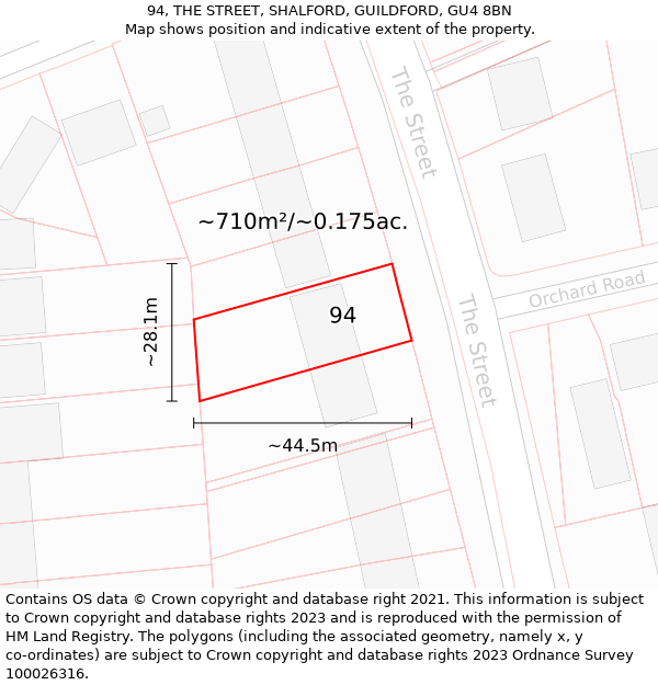 94, THE STREET, SHALFORD, GUILDFORD, GU4 8BN: Plot and title map