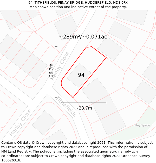 94, TITHEFIELDS, FENAY BRIDGE, HUDDERSFIELD, HD8 0FX: Plot and title map