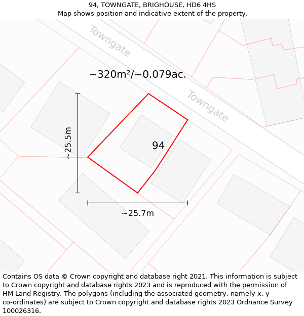 94, TOWNGATE, BRIGHOUSE, HD6 4HS: Plot and title map