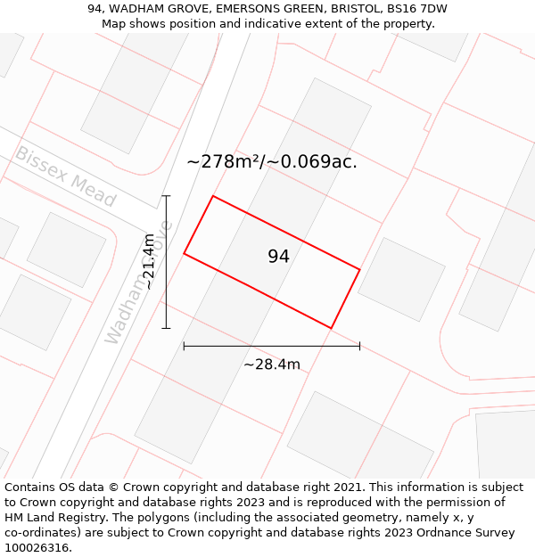 94, WADHAM GROVE, EMERSONS GREEN, BRISTOL, BS16 7DW: Plot and title map