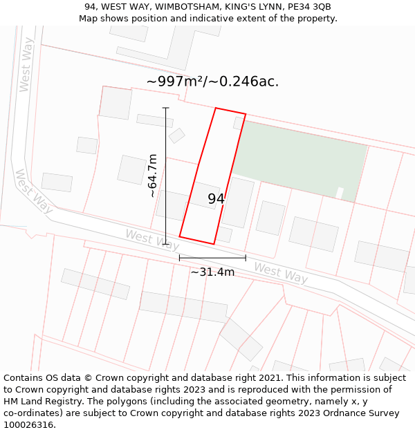 94, WEST WAY, WIMBOTSHAM, KING'S LYNN, PE34 3QB: Plot and title map