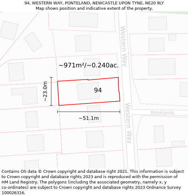 94, WESTERN WAY, PONTELAND, NEWCASTLE UPON TYNE, NE20 9LY: Plot and title map