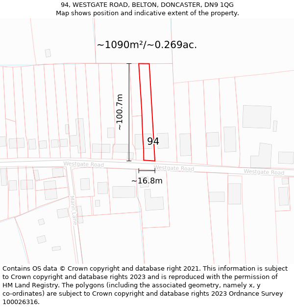 94, WESTGATE ROAD, BELTON, DONCASTER, DN9 1QG: Plot and title map