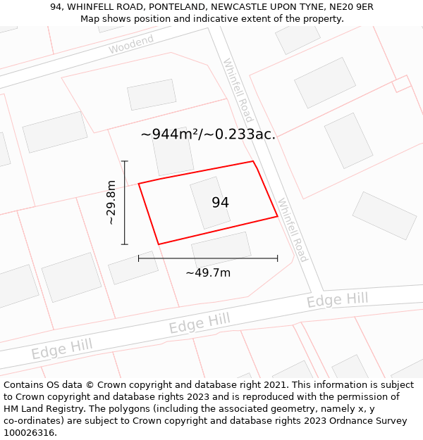 94, WHINFELL ROAD, PONTELAND, NEWCASTLE UPON TYNE, NE20 9ER: Plot and title map