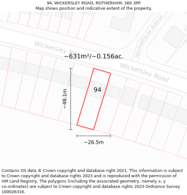 94, WICKERSLEY ROAD, ROTHERHAM, S60 3PP: Plot and title map