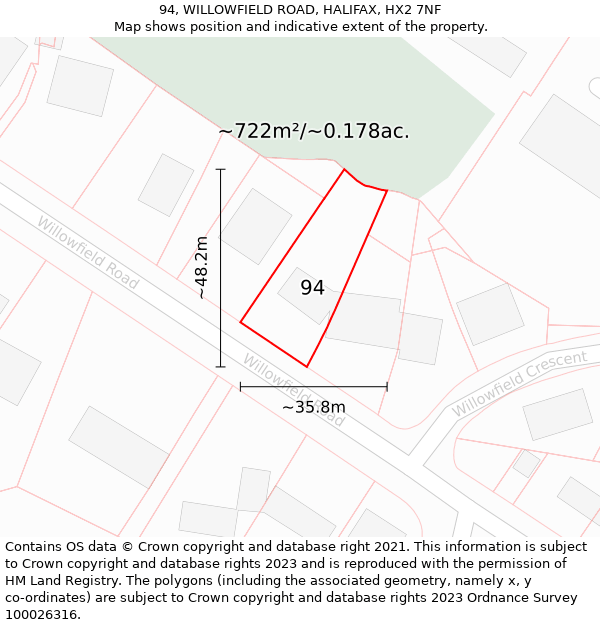 94, WILLOWFIELD ROAD, HALIFAX, HX2 7NF: Plot and title map