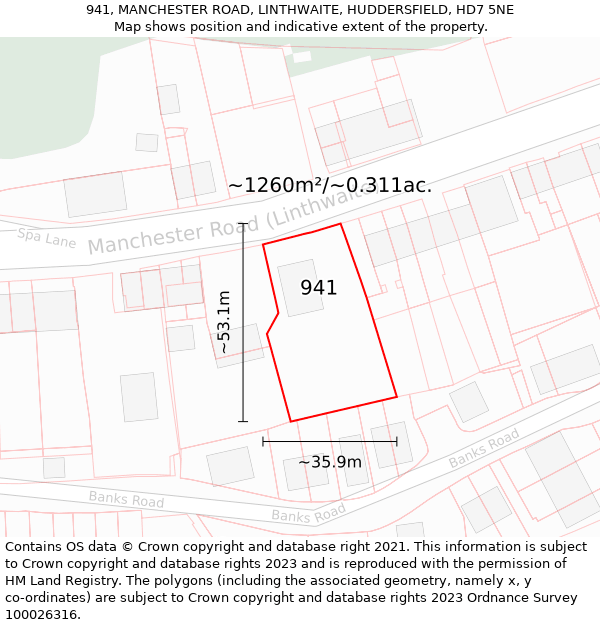 941, MANCHESTER ROAD, LINTHWAITE, HUDDERSFIELD, HD7 5NE: Plot and title map