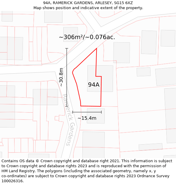94A, RAMERICK GARDENS, ARLESEY, SG15 6XZ: Plot and title map