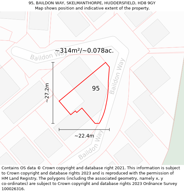 95, BAILDON WAY, SKELMANTHORPE, HUDDERSFIELD, HD8 9GY: Plot and title map